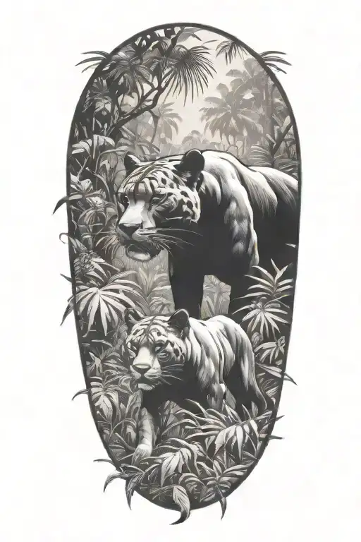 A Pack Of Panthers Stalking Through A Dense Jungle