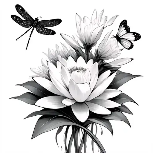 Waterlily And Narcissus Flower Bouquet With Dragonfly And Butterfly