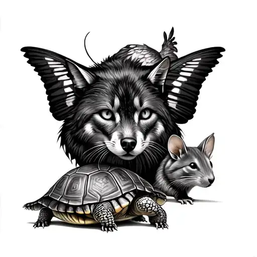 Composition Full Arm Colombe Wolf Papillon Cat Turtle Alligator And Two Rats