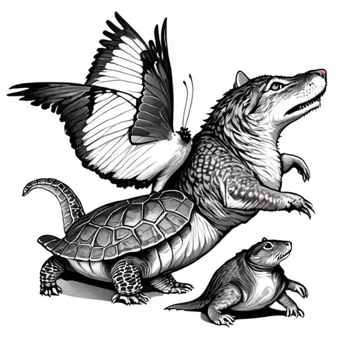 Composition Full Arm Colombe Wolf Papillon Cat Turtle Alligator And Two Rats