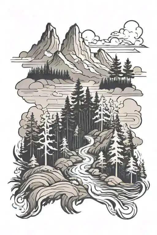 Forest And Mountains And River Running