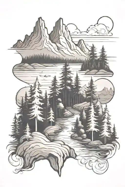 Forest And Mountains And River Running Towards