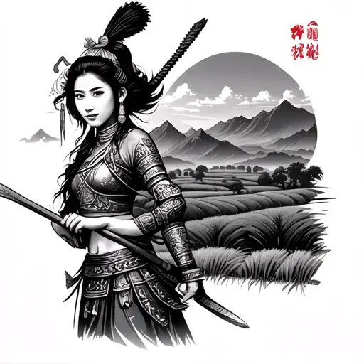 Vietnamese Warrior Women Posing Rice Fields With Mountains