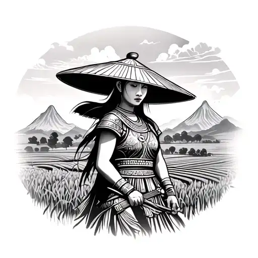 Vietnamese Women Warriors Rice Fields With Mountains With Rice Hat