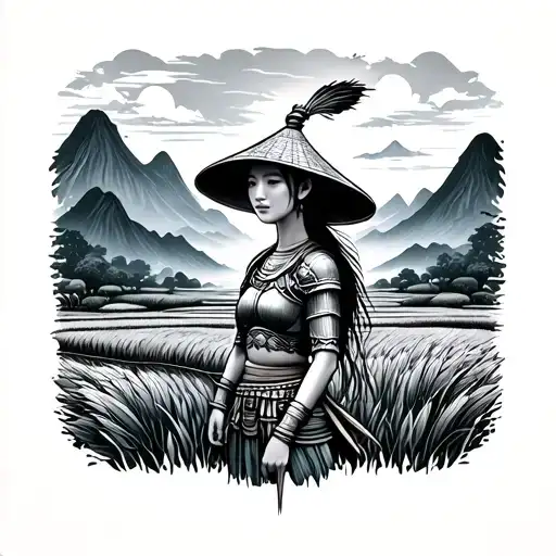 Vietnam Woman Warrior Rice Fields With Mountains