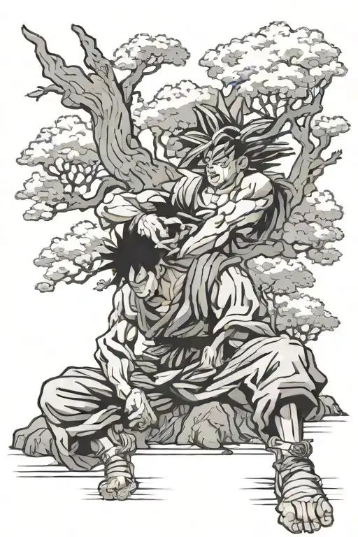 Goofy Goku Sitting Crossed Legs Eating Rice Under Tree Of Knowledge