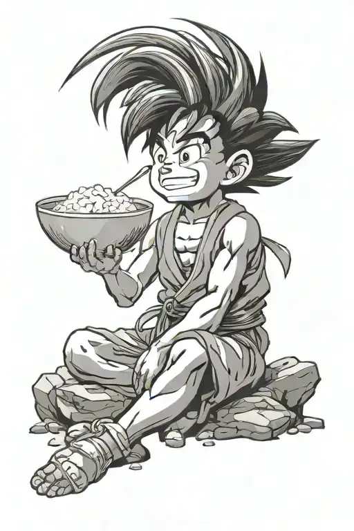 Kid Goku Sitting Crossed Legs Eating Rice Under Tree Of Knowledge