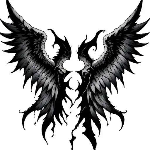 Left Feathery Shadowed Angel Wing Right Bat Wings Torn Up And Damanges Dark And Shadowed Back