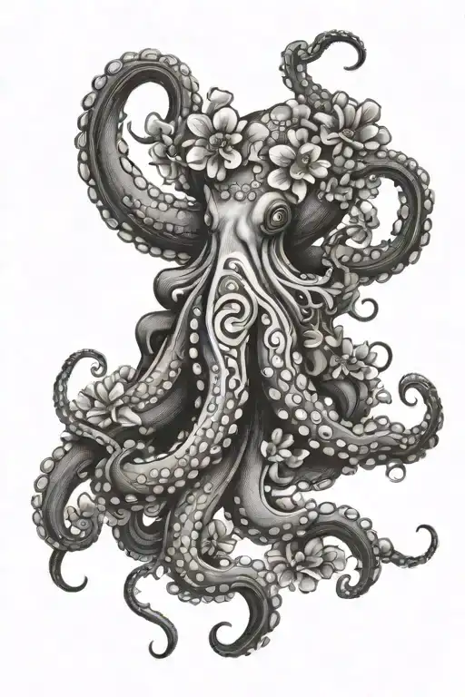 A Detailed Illustration Of An Octopus Surrounded By Swirling Waves And Flowers