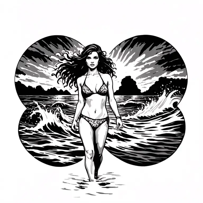 Ciloetee Of Woman Walking Out Of Ocean Me In A Corona Bikini In Sunset Background