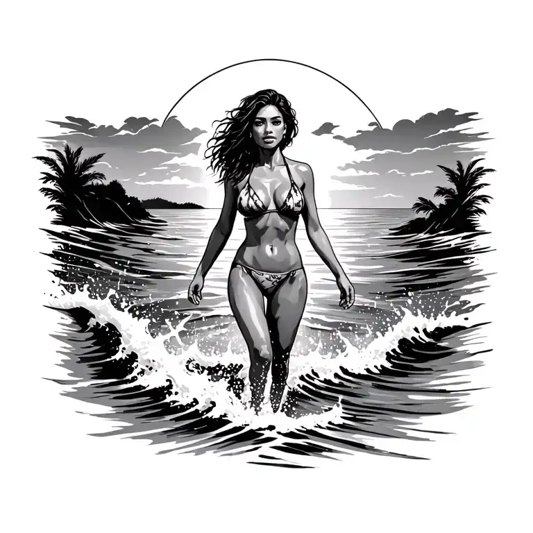 Ciloetee Of Woman Walking Out Of Ocean Me In A Corona Bikini In Sunset Background