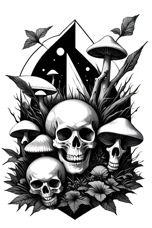 Nature And Mushrooms And Skulls In Geometric Shape In Space