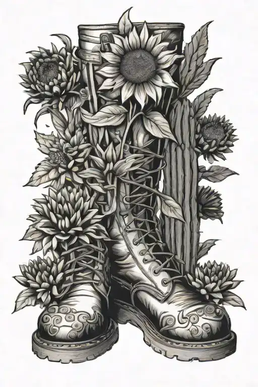 Hiking Boots With Saguaro Cactus And Ocotillio Plant In One Boot And Sunflowers In The Other