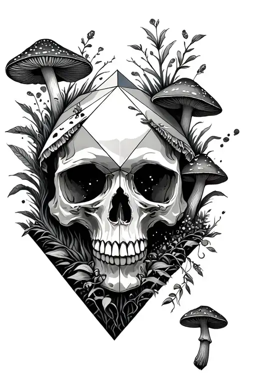 Nature And Mushrooms And Skull In Geometric Shape In Space