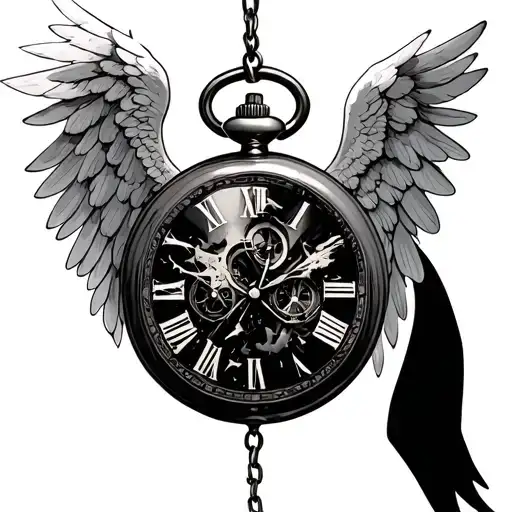 Destroyed Pocket Watch Which Is In Front Of Hanging Angel Wings