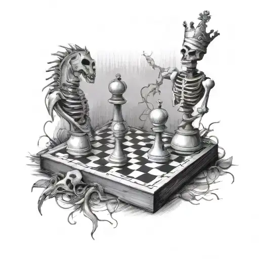 Chess Pieces On Board 2 Skeletons Playing