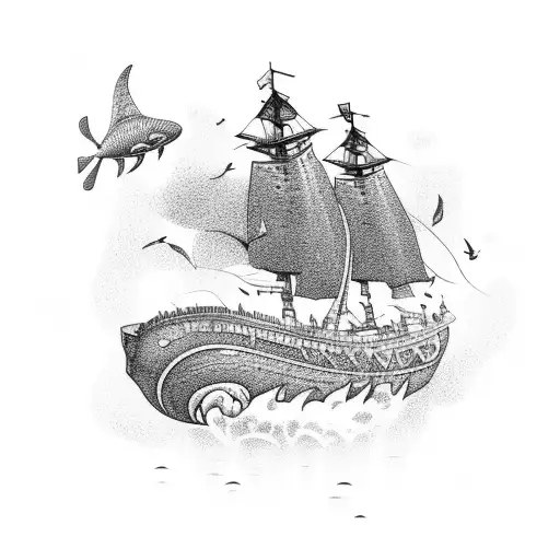 An Intricate Underwater Scene With Various Sea Creatures And A Coastguard Ship In The Background