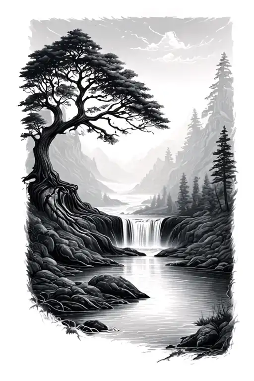 Tree Of Life Over Waterfall River Flowing