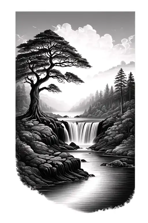 Tree Of Life Over Waterfall River Flowing