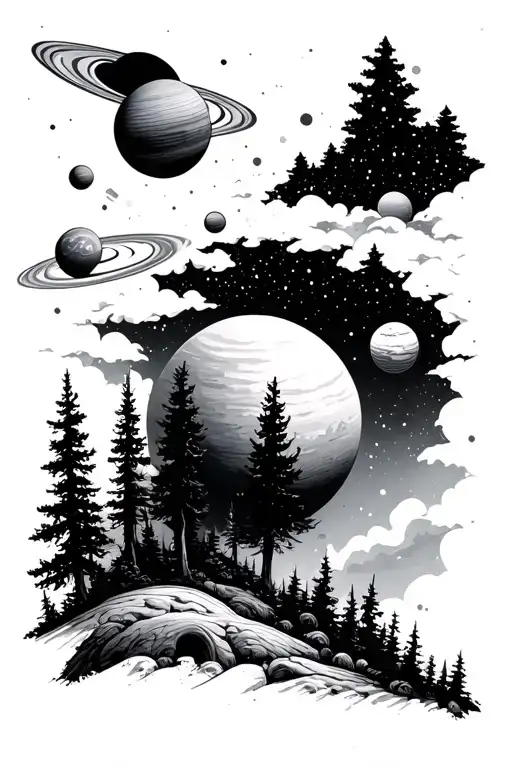 Forest And Space With Planets