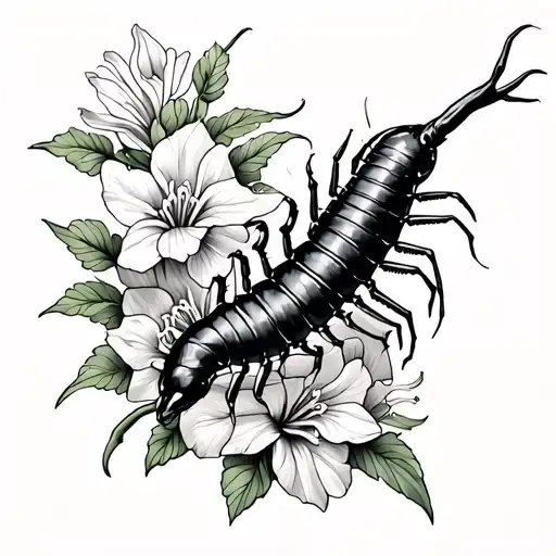 Arm Tattoo Of A Centipede Wrapping Around Snapdragon Flowers Black And White Ink