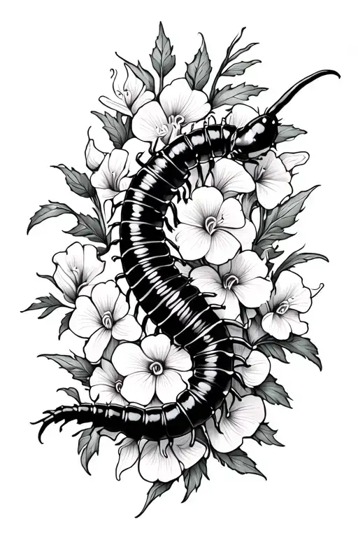 Arm Tattoo Of A Centipede Wrapping Around Snapdragon Flowers Black And White Ink
