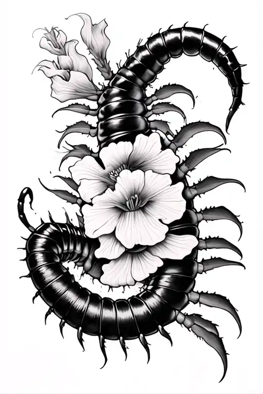 Arm Tattoo Of A Centipede Wrapping Around Snapdragon Black And White Ink