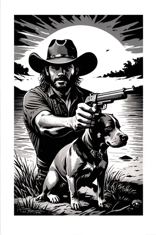 Outlaw Cowboy Shooting Gun On Beach Sunset Scene With Dog