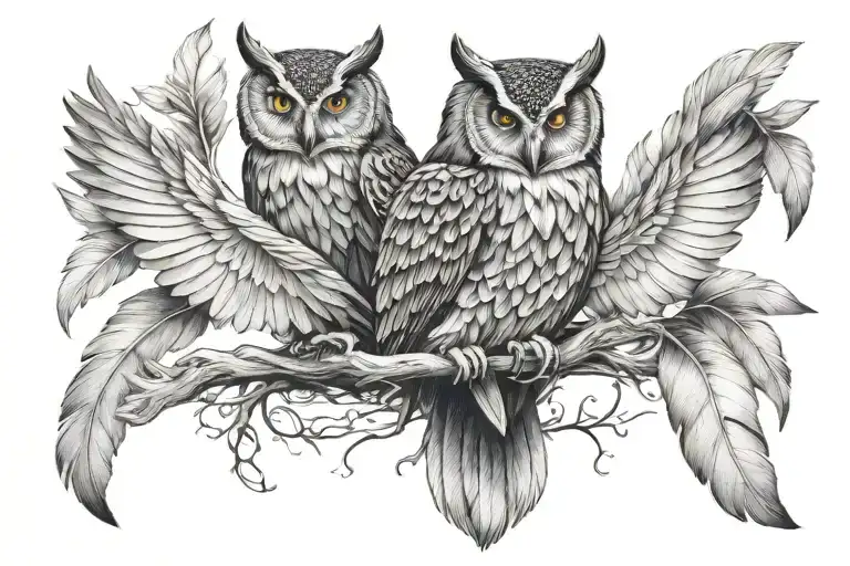 Make Me Owl Tattoo Design Include Initial Ir With Woman And Man Detailed As Wings Feather
