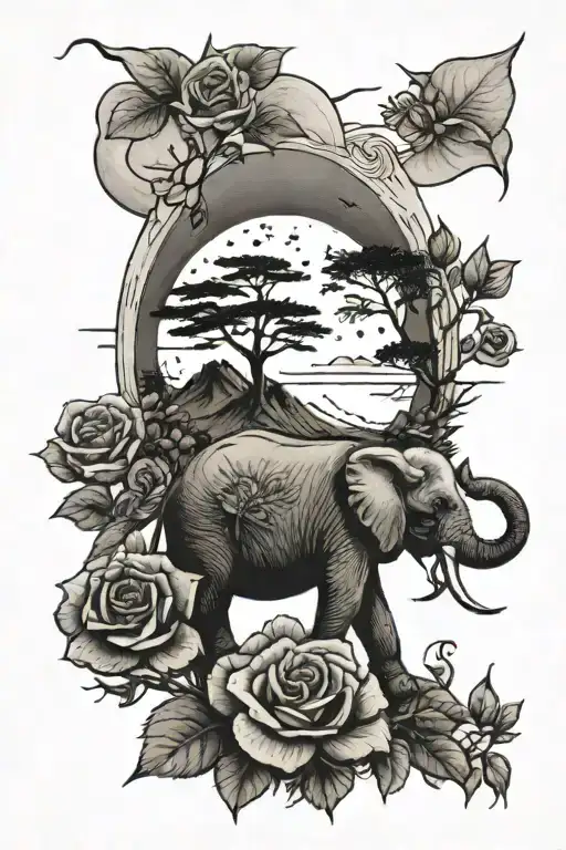 Mountain And Roses And Moon And Elephant And Pine Tree And Violet