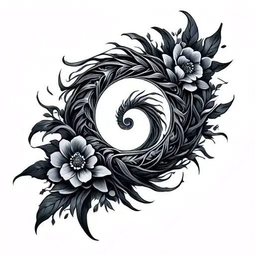 Spiral Goddess Icon With Dark Floral Details To Cover An Entire Outer Forearm