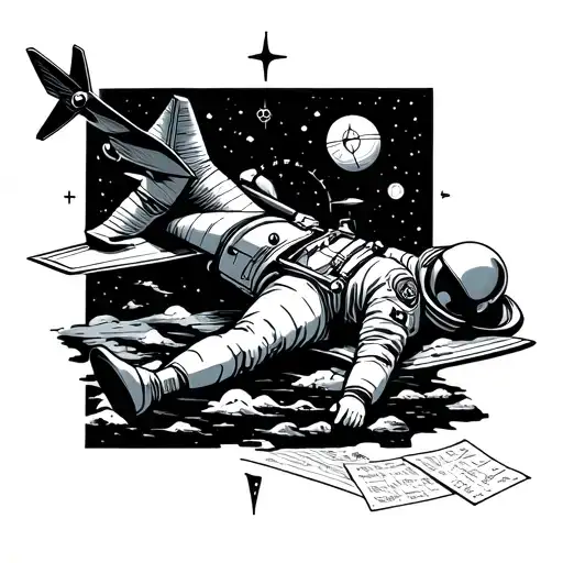 Astronout Laying On Clowd And Throwing Paper Airoplane And Compass