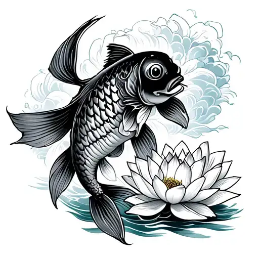 Koi Fish With Waves And Lotus Flower