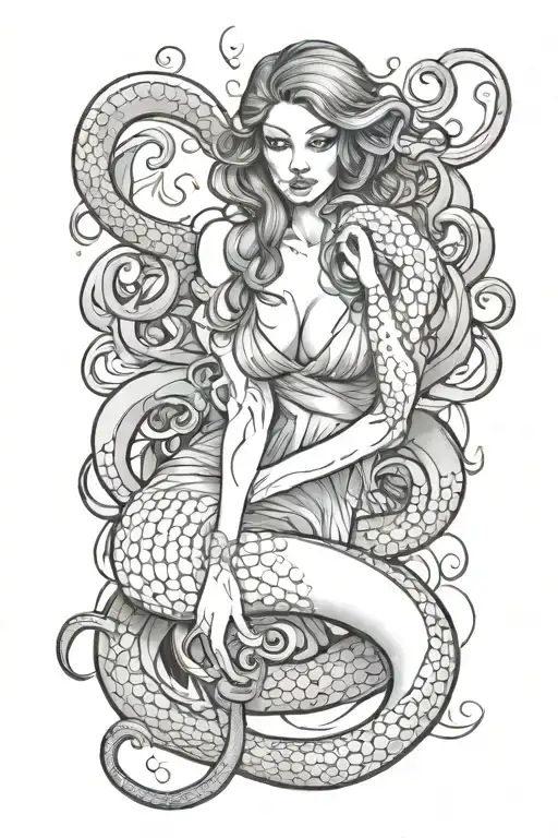Octopus Wrapped Around Mermaid Sexy Girl Sitting