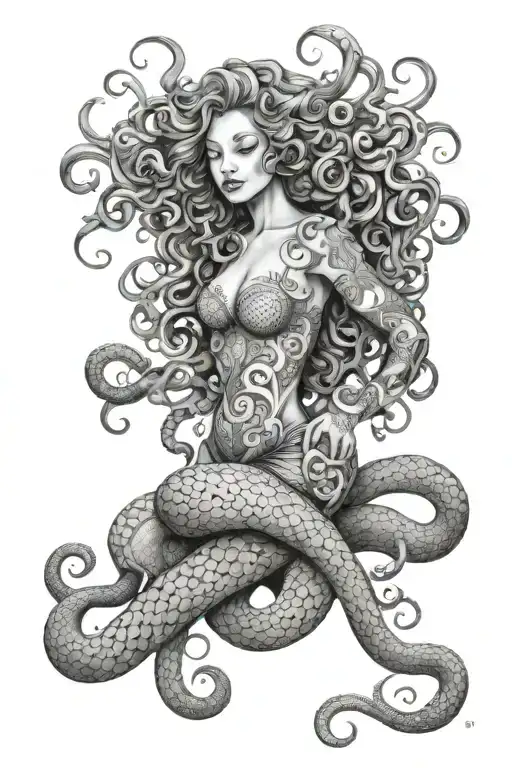 Mermaid With Curly Hair And Tattoos Riding An Octopus