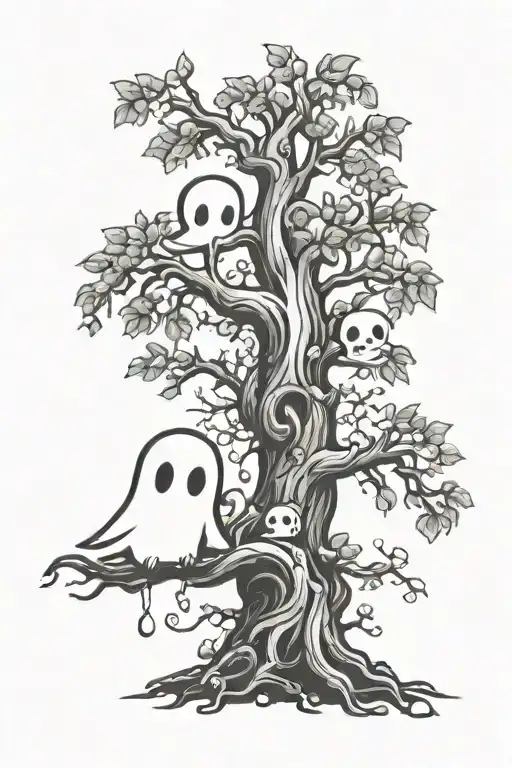 Sparkly Wide Tree With Small Cute Ghost Dancing Playing Around It