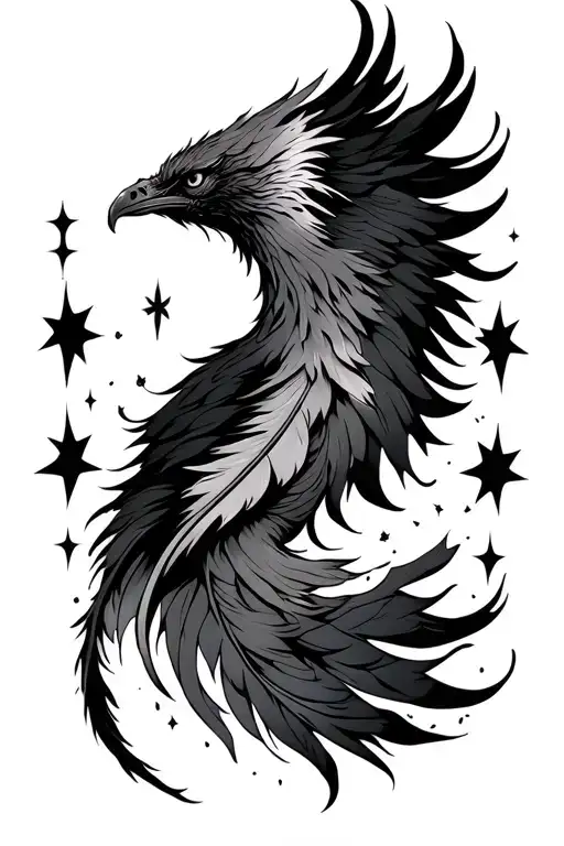 Phoenix And Delicate Feather Symbol And Flame And Stars