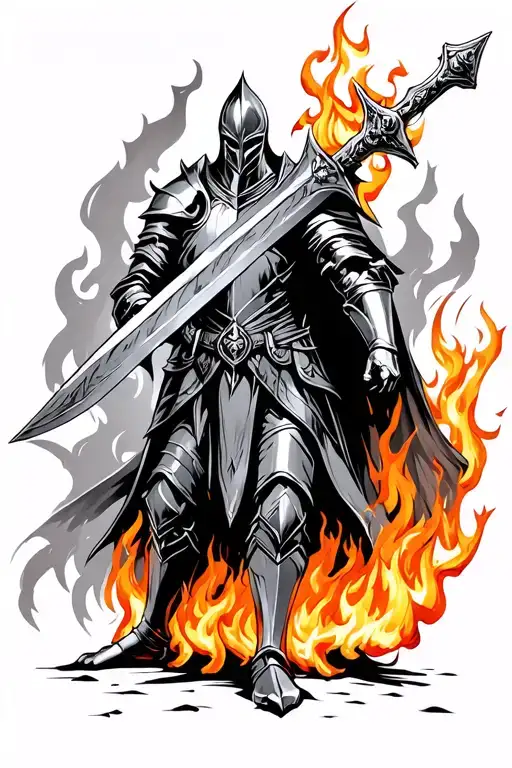 Black Knight With Considerable Battle Damage Holding Excalibur Standing In Flames