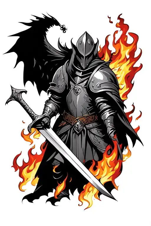 Black Knight With Considerable Battle Damage Holding Excalibur By The Handle Surrounded In Flames