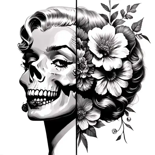 Half Skull Half Marilyn Monroe Face With Flowers Growing Realistic