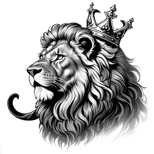 I Want A Realistic Lion For Half Arm And A Black And White Tattoo Design With King Crown In His Head