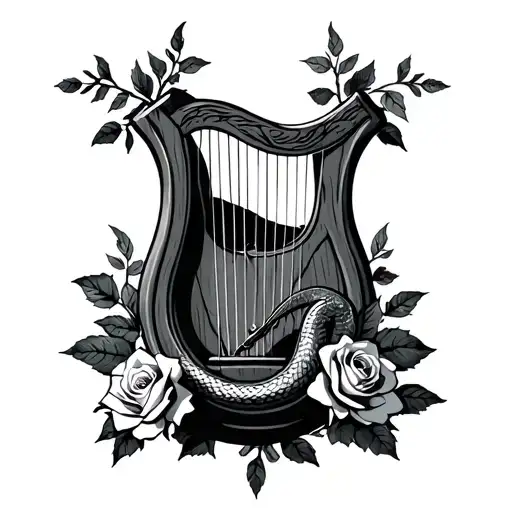 Wooden Lyre With Roses And Snake Wrapped Around