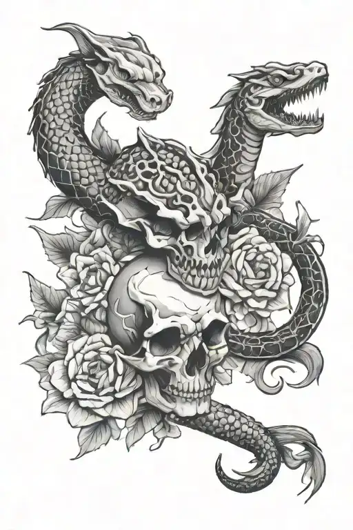 Snake Skull And Two Koi Fish And Dragon And Gardenia And Folding Fan