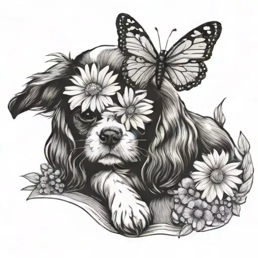 Cavalier Puppy With Lavender Daisy And Butterfly