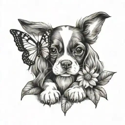 Cavalier Puppy With Lavender And Daisy And Butterfly
