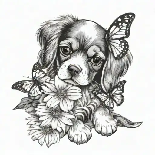 Cavalier Puppy In Lavender And Daisy With Butterflies