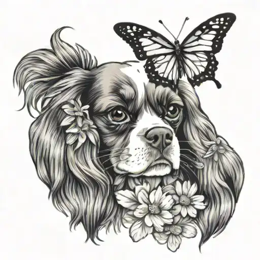 Cavalier King Charles Spaniel In Lavender And Daisy With Butterflies