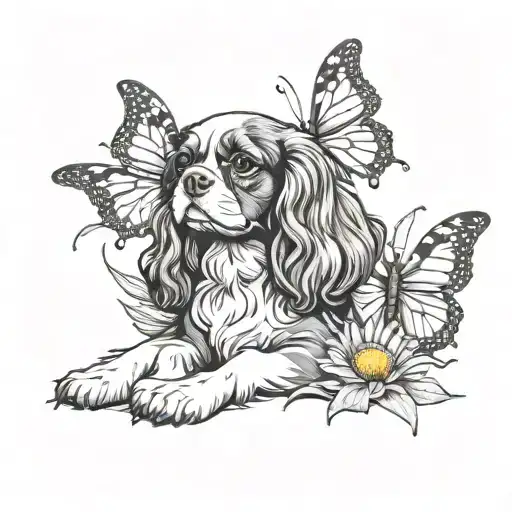 Cavalier King Charles Spaniel In Lavender And Daisy With Butterfly Flying