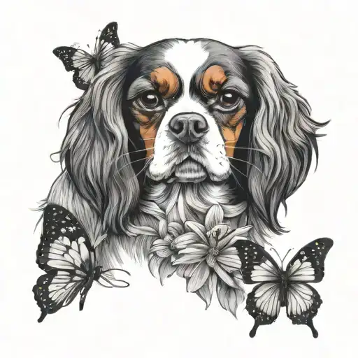 Cavalier King Charles Spaniel In Lavender And Daisy With Flying Butterflies