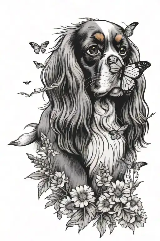 Cavalier King Charles Spaniel In Lavender And Daisy With Flying Butterfly